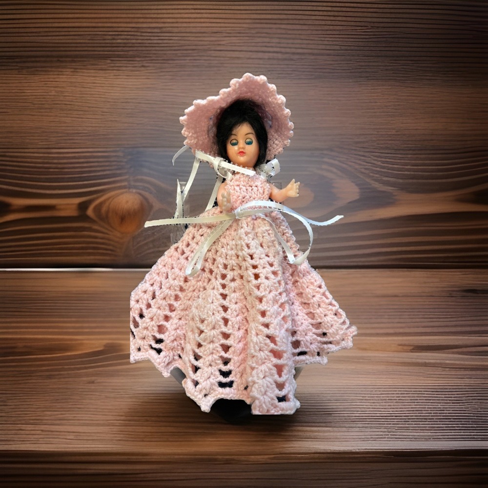 Vintage 8" Sleepy-Eye Doll Pink Crochet Dress Bonnet Plastic Blue eyes Brunette